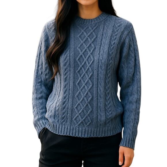 LL Bean Blue Wool Angora Cable Knit Vintage Long Sleeve Sweater Women's Large - Picture 1 of 4